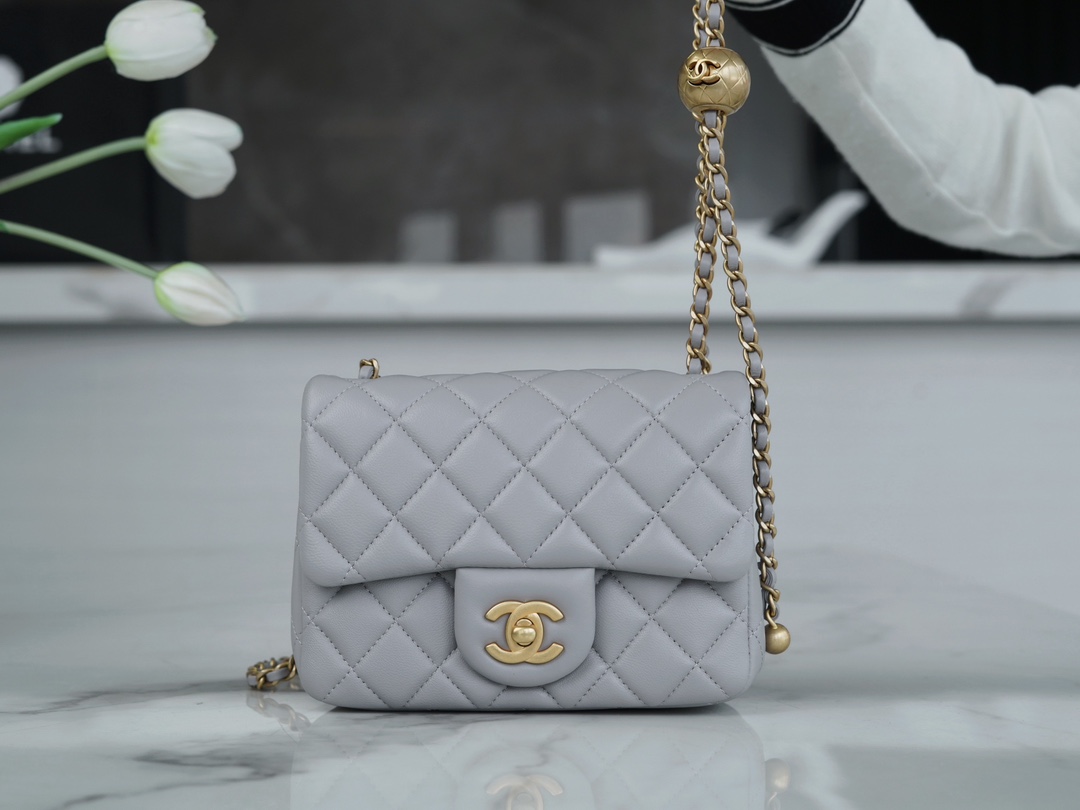 Chanel 23K Classics Flap Bag Metal Ball Square Fatty Light Grey Most Beautiful Gold Ball Fatty  