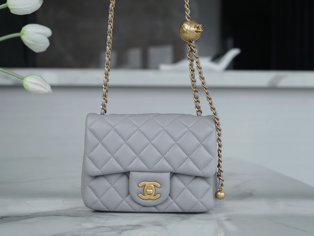 Chanel 23K Classics Flap Bag Metal Ball Square Fatty Light Grey Most Beautiful Gold Ball Fatty  