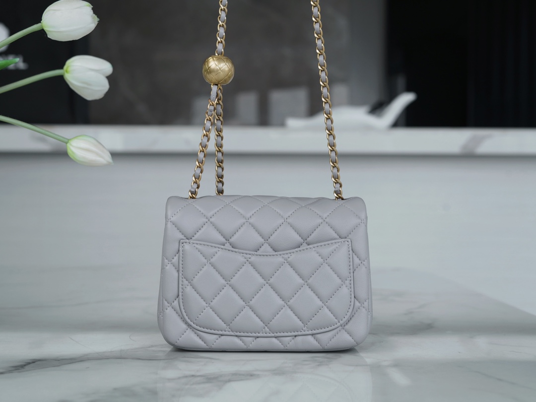 Chanel 23K Classics Flap Bag Metal Ball Square Fatty Light Grey Most Beautiful Gold Ball Fatty  