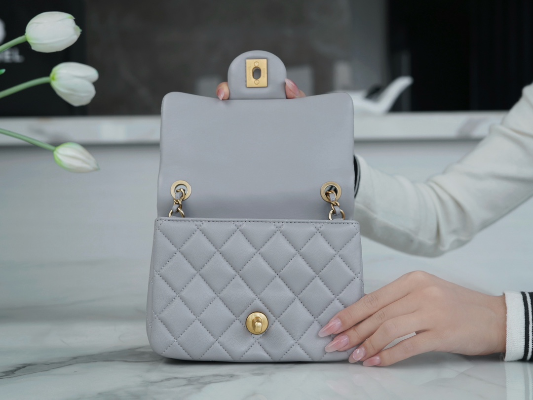 Chanel 23K Classics Flap Bag Metal Ball Square Fatty Light Grey Most Beautiful Gold Ball Fatty  