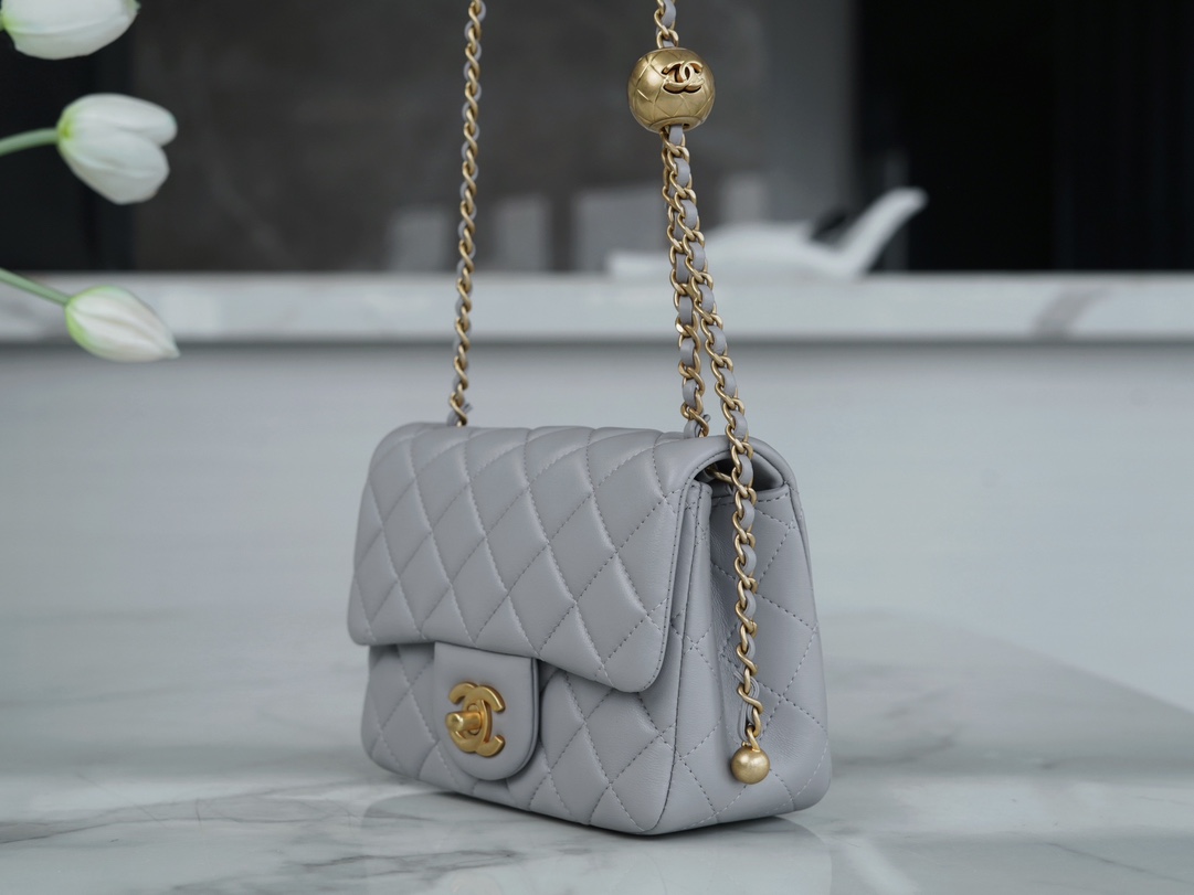 Chanel 23K Classics Flap Bag Metal Ball Square Fatty Light Grey Most Beautiful Gold Ball Fatty  