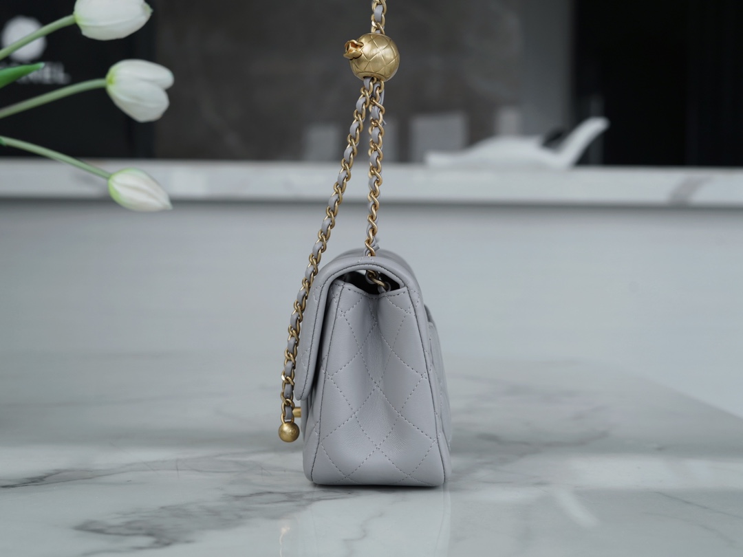 Chanel 23K Classics Flap Bag Metal Ball Square Fatty Light Grey Most Beautiful Gold Ball Fatty  