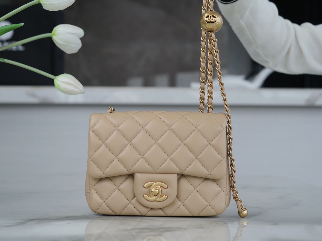 Chanel 23K Classics Flap Bag Metal Ball Square Fatty Beige  