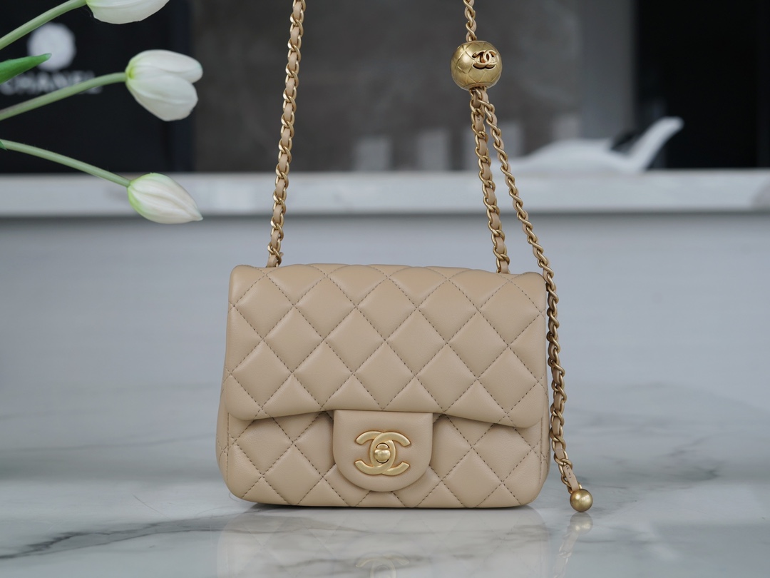 Chanel 23K Classics Flap Bag Metal Ball Square Fatty Beige  