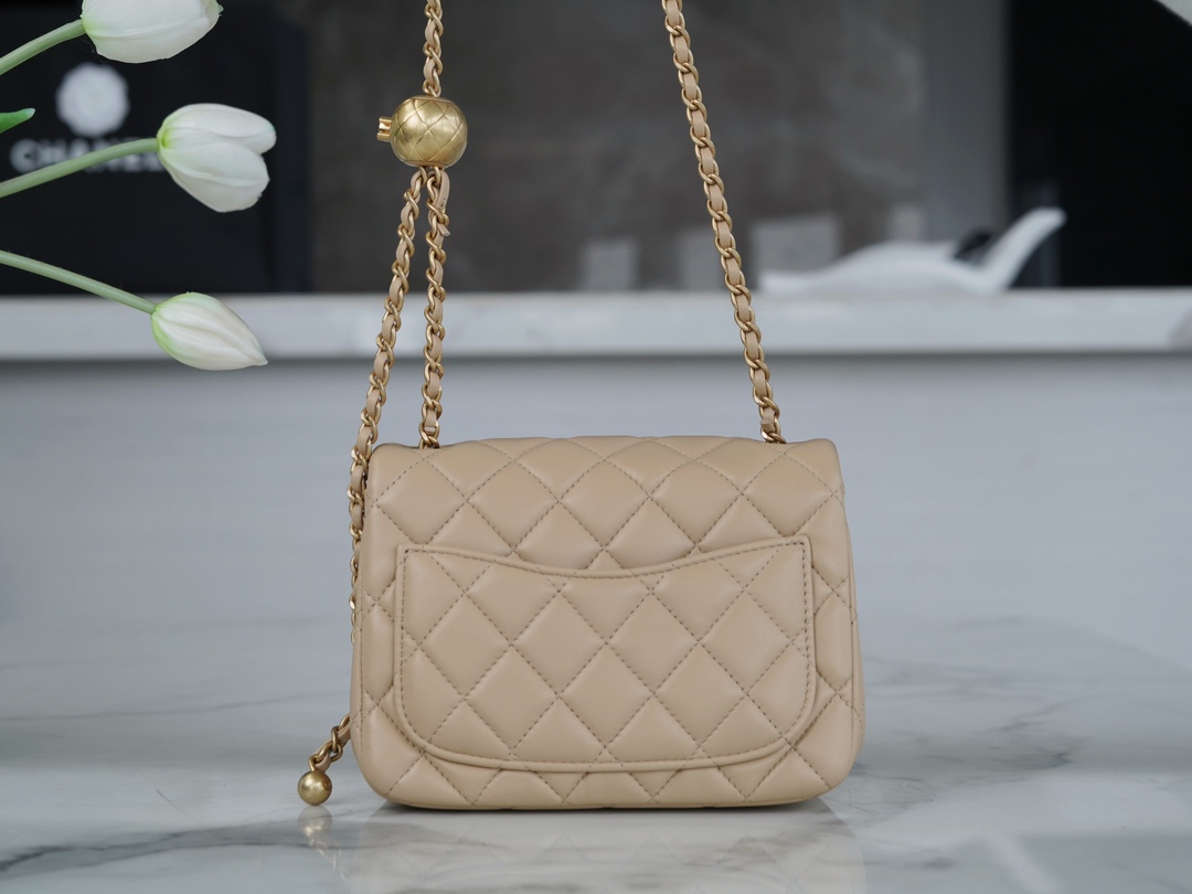 Chanel 23K Classics Flap Bag Metal Ball Square Fatty Beige  