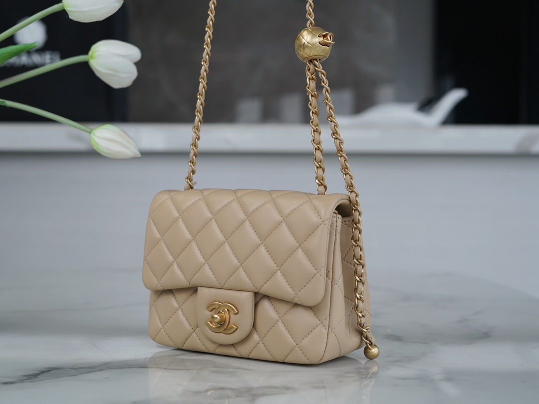 Chanel 23K Classics Flap Bag Metal Ball Square Fatty Beige  