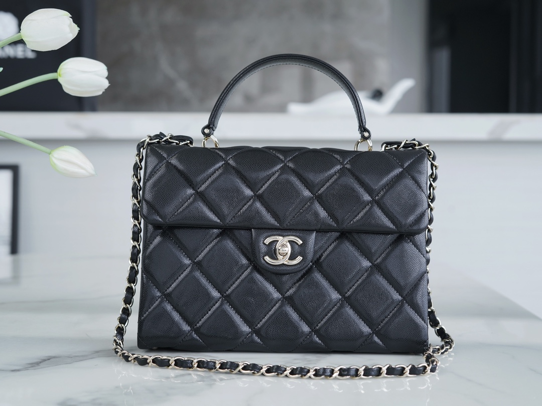 Chanel 24P Handle Kelly Box Black Large Fine-Grained Caviar Calfskin