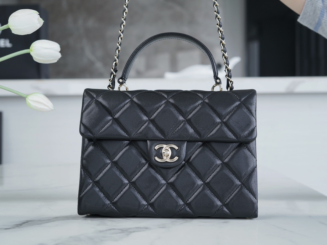 Chanel 24P Handle Kelly Box Black Large Fine-Grained Caviar Calfskin