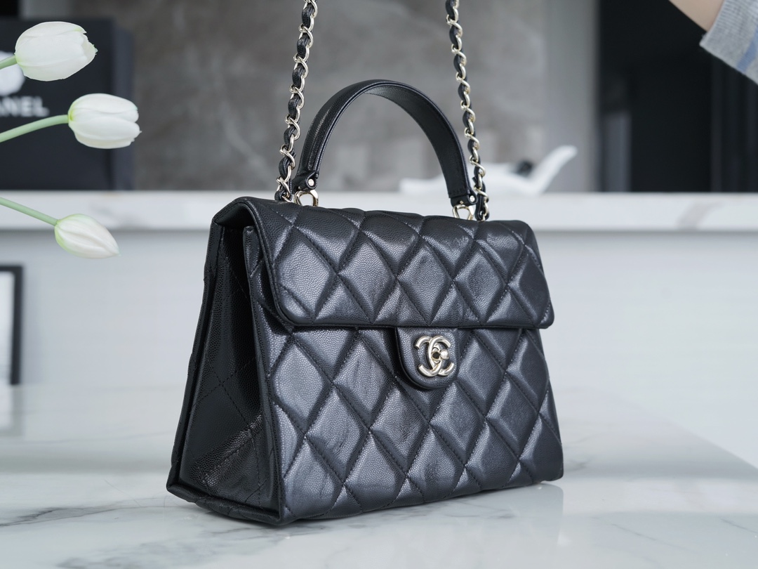 Chanel 24P Handle Kelly Box Black Large Fine-Grained Caviar Calfskin