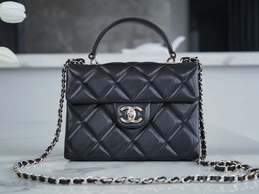 Chanel 24P Handle Kelly Box Black Small Fine-Grained Caviar Calfskin  