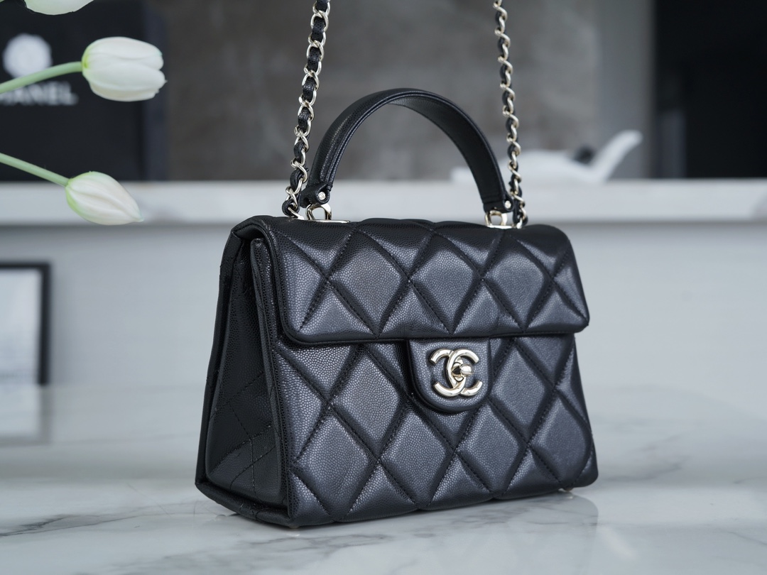 Chanel 24P Handle Kelly Box Black Small Fine-Grained Caviar Calfskin  