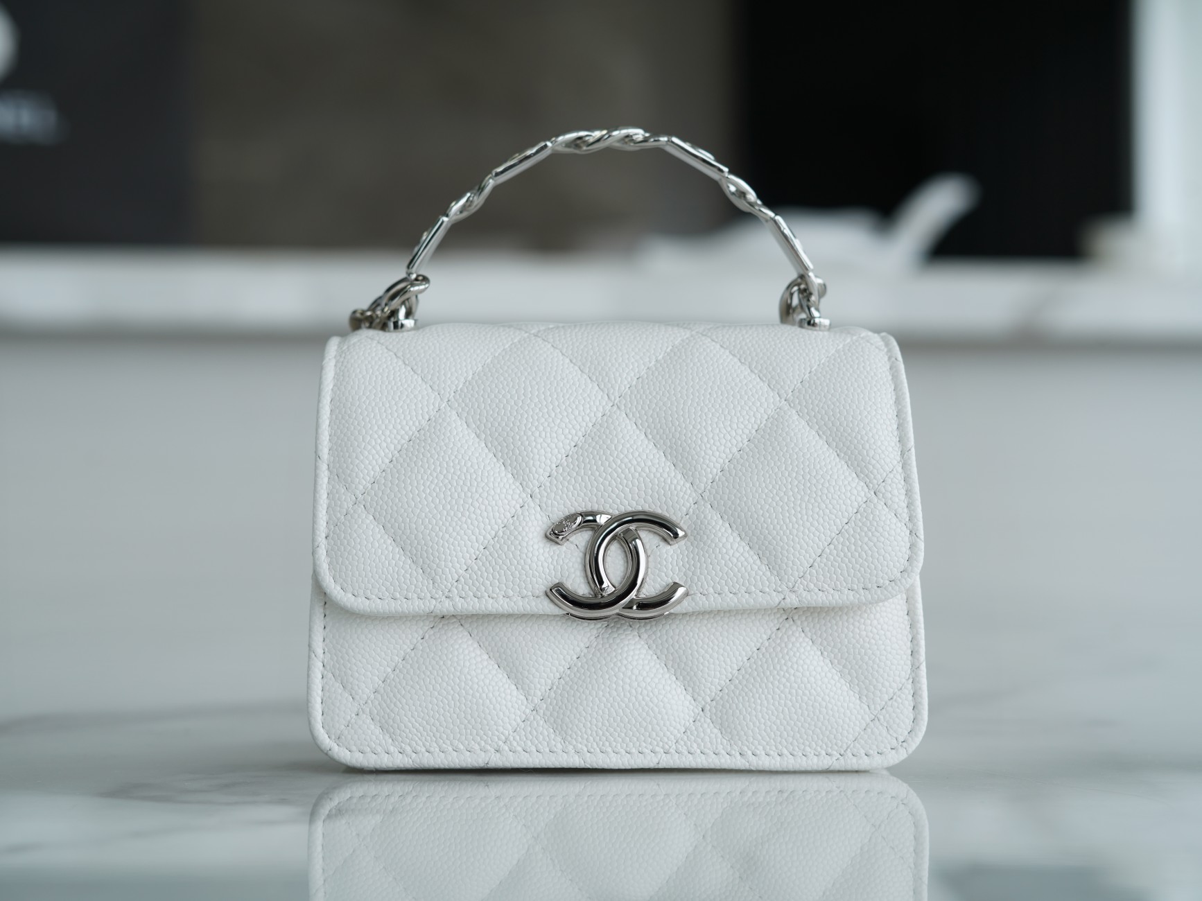 Chanel 22S Enamel Handle Chain Bag White Silver Hardware Caviar Calfskin  