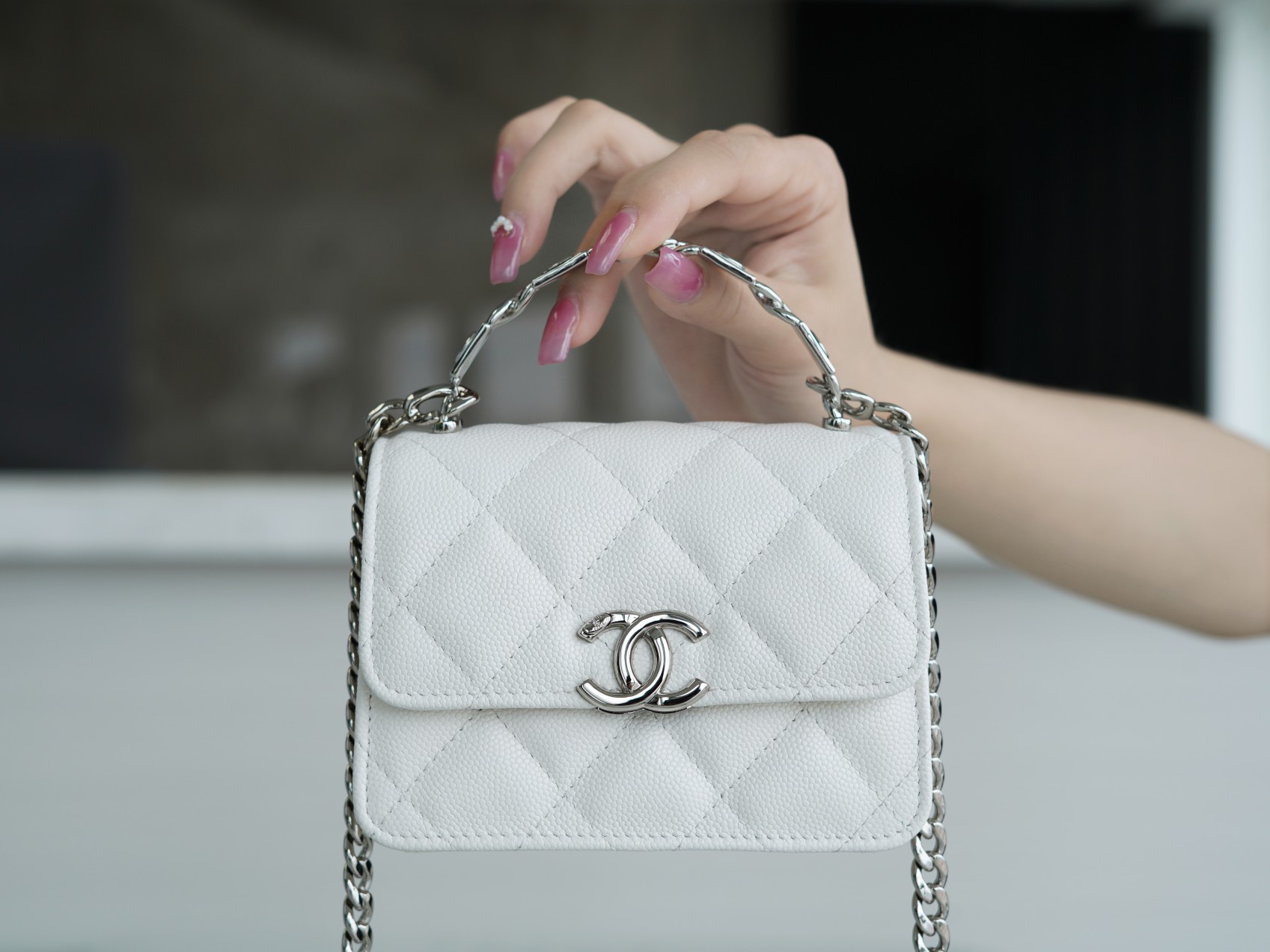 Chanel 22S Enamel Handle Chain Bag White Silver Hardware Caviar Calfskin  