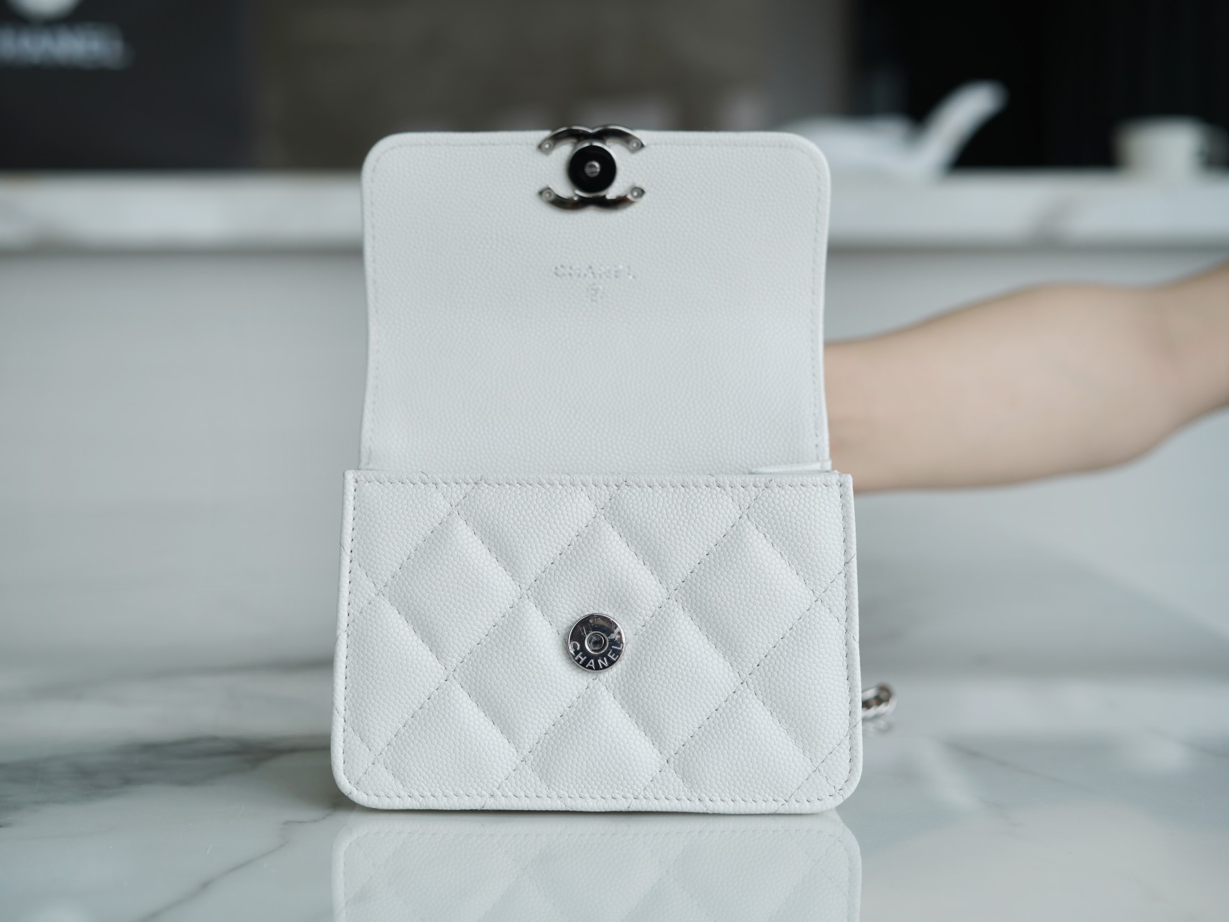 Chanel 22S Enamel Handle Chain Bag White Silver Hardware Caviar Calfskin  