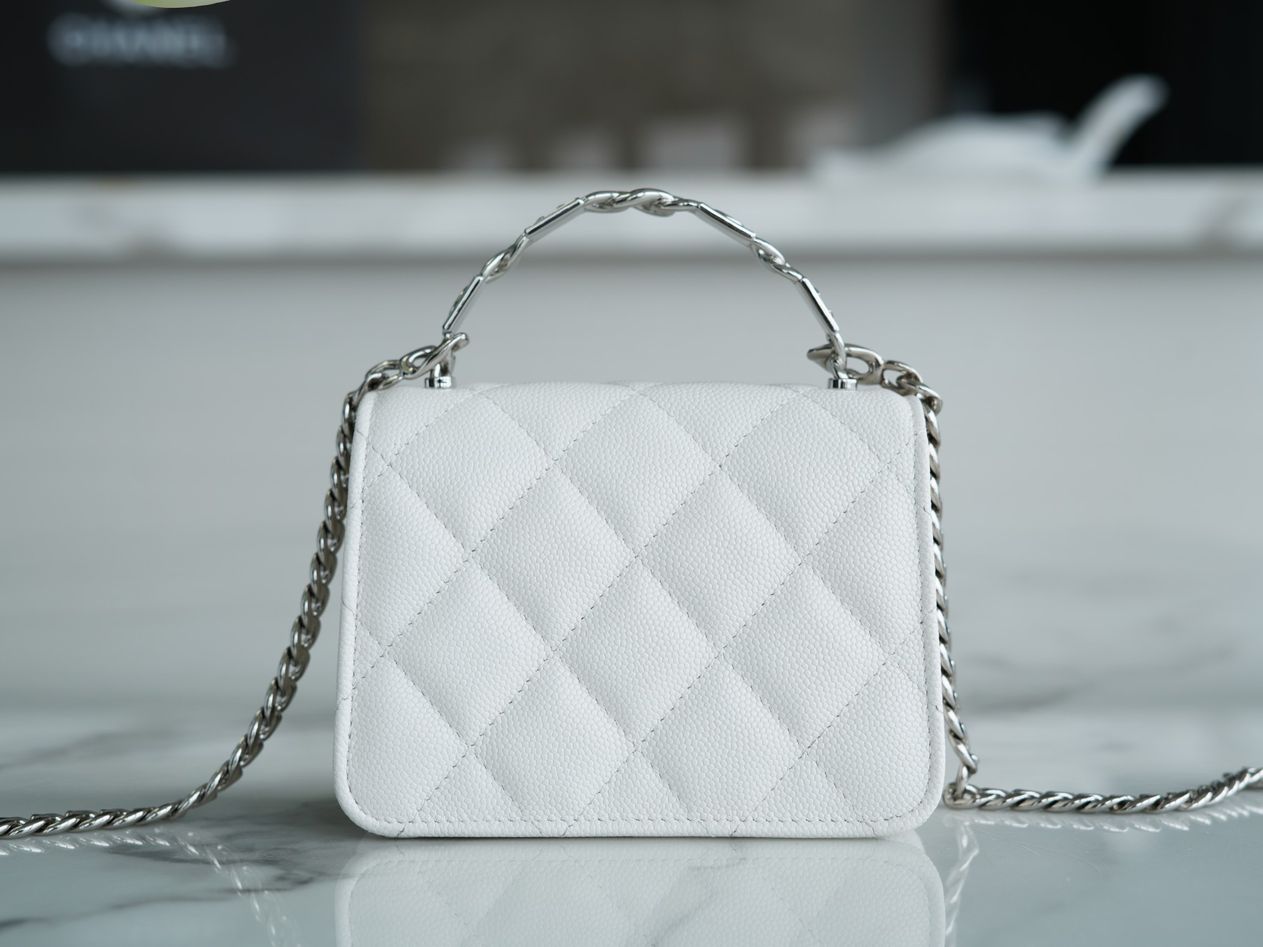 Chanel 22S Enamel Handle Chain Bag White Silver Hardware Caviar Calfskin  