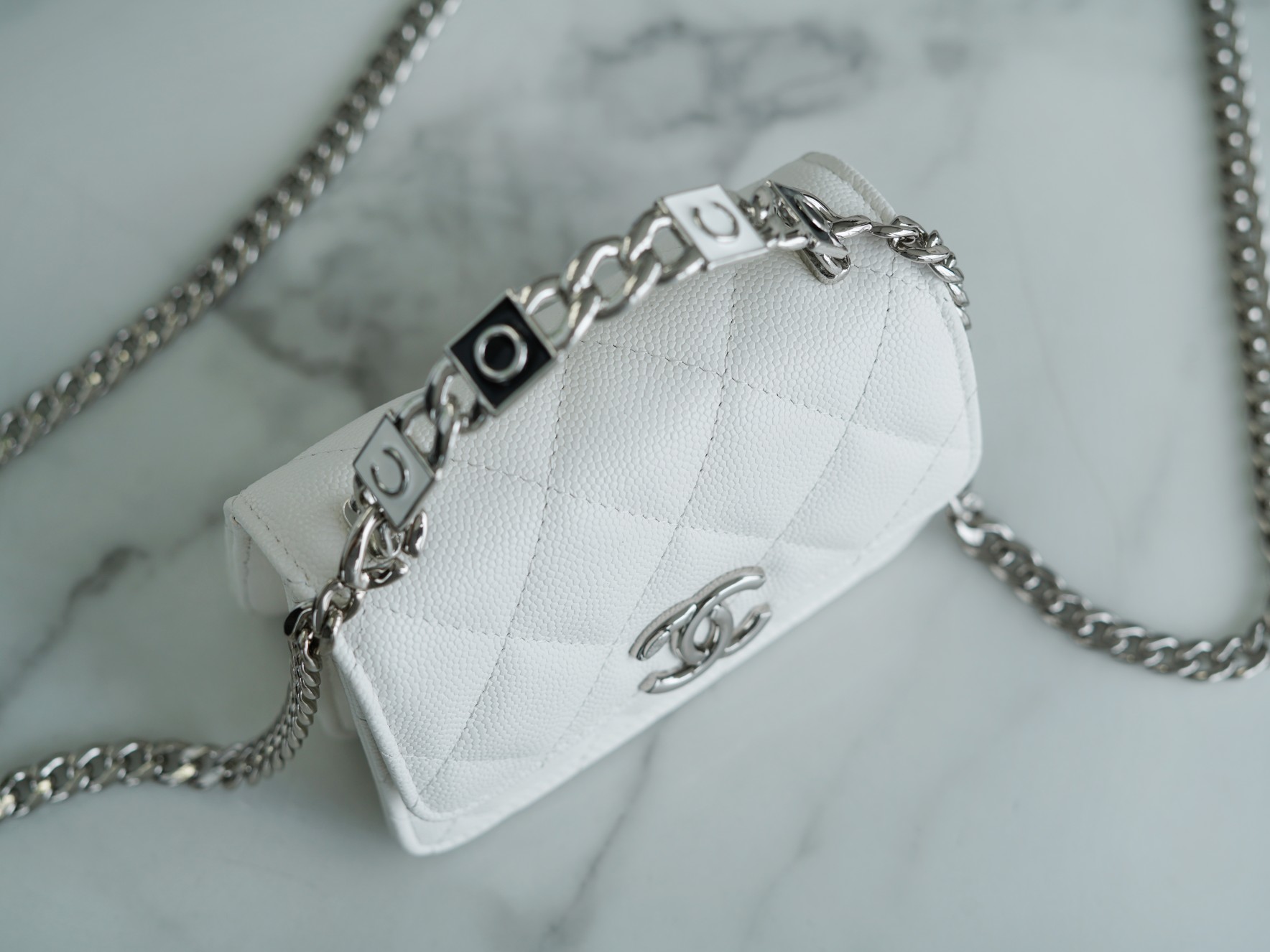 Chanel 22S Enamel Handle Chain Bag White Silver Hardware Caviar Calfskin  