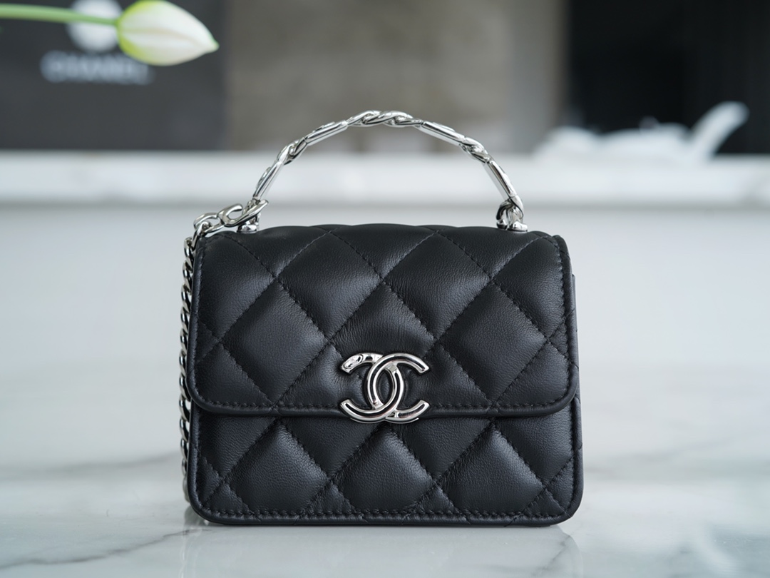 Chanel 22S Enamel Handle Chain Bag Black Lambskin Classic Diamond Quilting + Iconic Double C Logo Design  