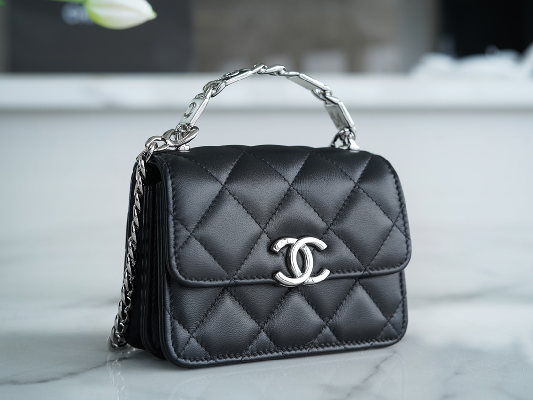 Chanel 22S Enamel Handle Chain Bag Black Lambskin Classic Diamond Quilting + Iconic Double C Logo Design  