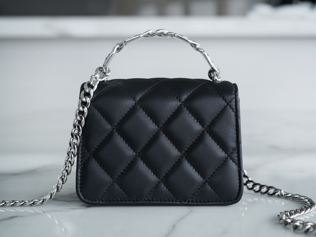 Chanel 22S Enamel Handle Chain Bag Black Lambskin Classic Diamond Quilting + Iconic Double C Logo Design  