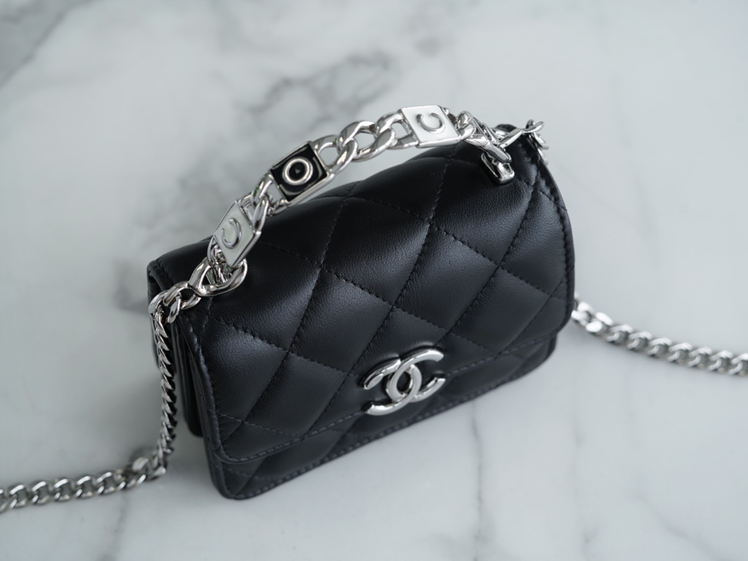 Chanel 22S Enamel Handle Chain Bag Black Lambskin Classic Diamond Quilting + Iconic Double C Logo Design  