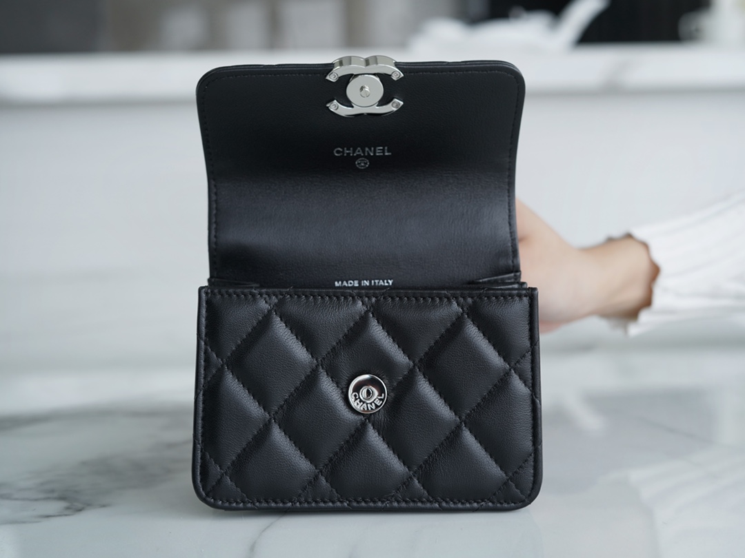 Chanel 22S Enamel Handle Chain Bag Black Lambskin Classic Diamond Quilting + Iconic Double C Logo Design  