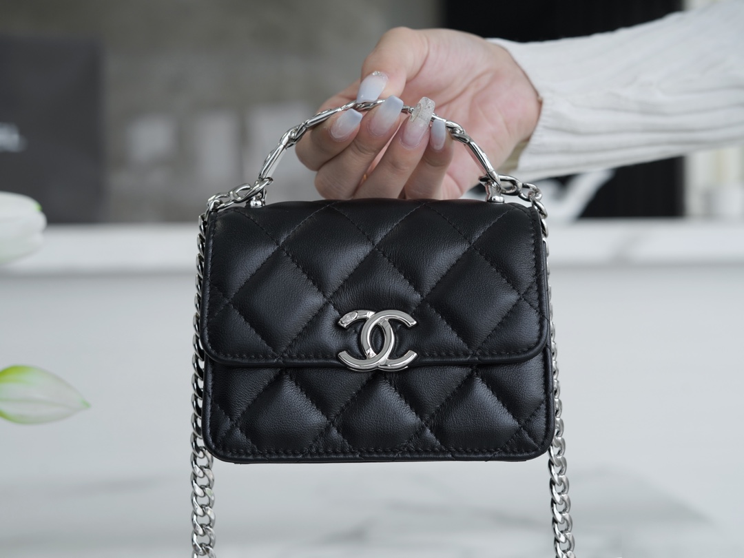 Chanel 22S Enamel Handle Chain Bag Black Lambskin Classic Diamond Quilting + Iconic Double C Logo Design  