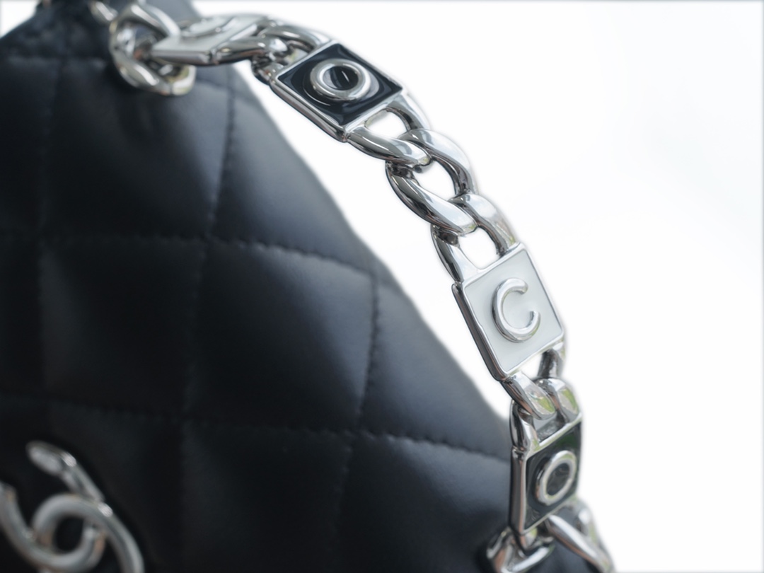 Chanel 22S Enamel Handle Chain Bag Black Lambskin Classic Diamond Quilting + Iconic Double C Logo Design  