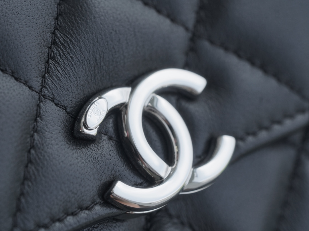 Chanel 22S Enamel Handle Chain Bag Black Lambskin Classic Diamond Quilting + Iconic Double C Logo Design  