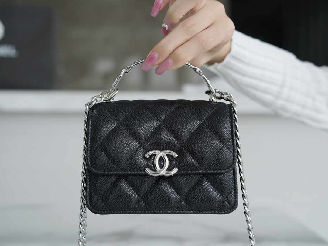 Chanel 22S Enamel Handle Chain Bag Black Silver Hardware Caviar Calfskin  