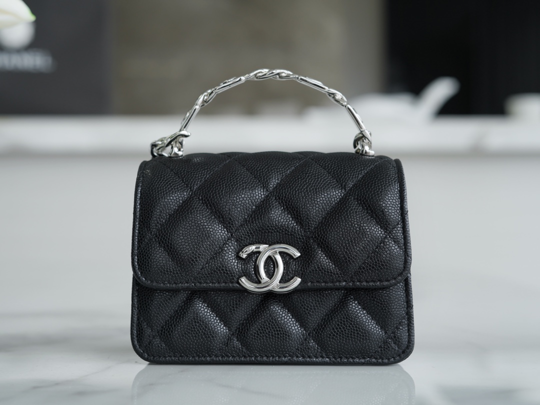 Chanel 22S Enamel Handle Chain Bag Black Silver Hardware Caviar Calfskin  