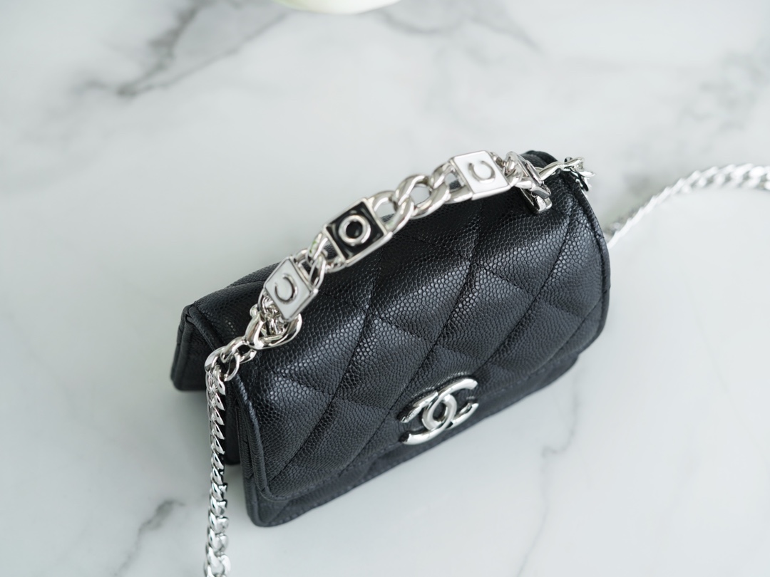 Chanel 22S Enamel Handle Chain Bag Black Silver Hardware Caviar Calfskin  