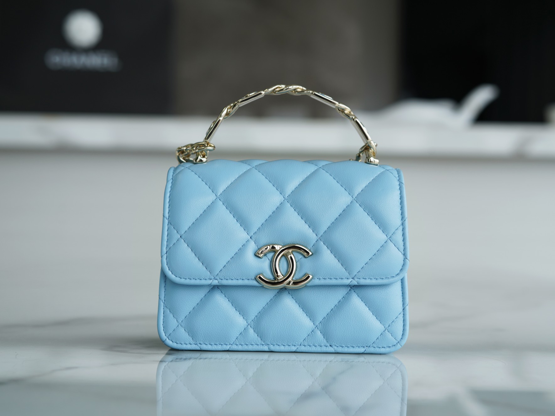 Chanel 22S Enamel Handle Chain Bag Blue Lambskin Classic Diamond Quilting + Iconic Double C Logo Design  