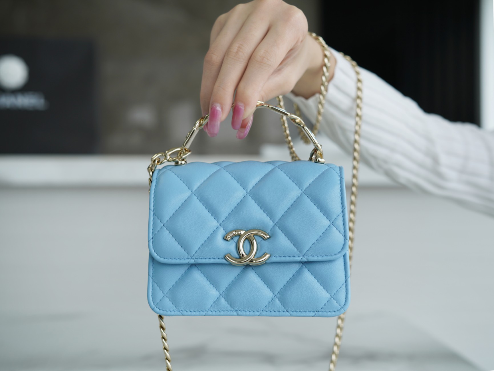 Chanel 22S Enamel Handle Chain Bag Blue Lambskin Classic Diamond Quilting + Iconic Double C Logo Design  