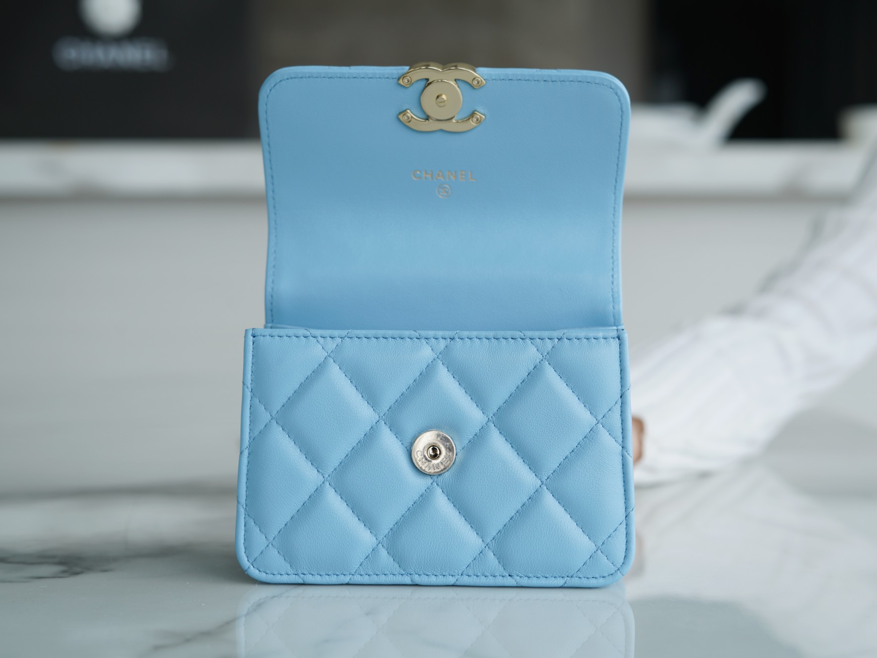 Chanel 22S Enamel Handle Chain Bag Blue Lambskin Classic Diamond Quilting + Iconic Double C Logo Design  