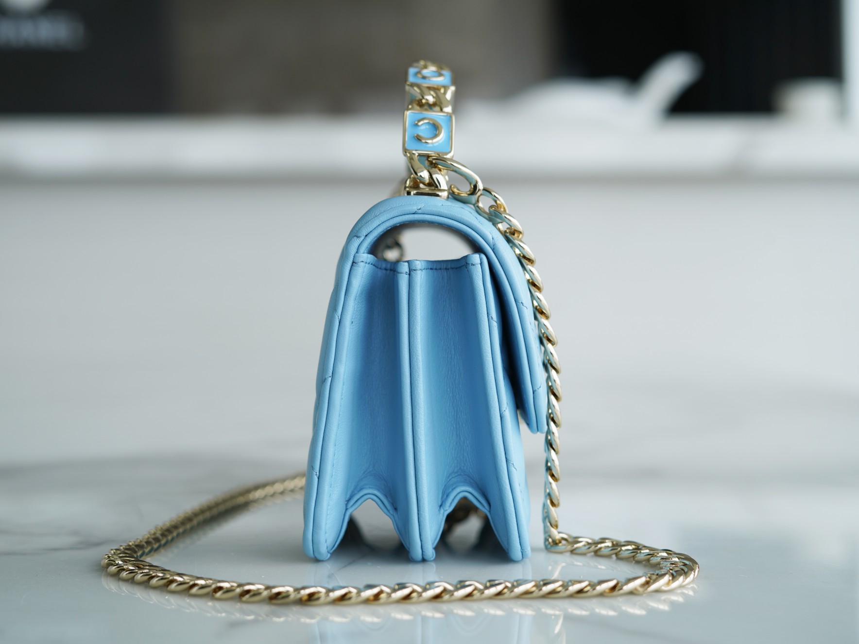 Chanel 22S Enamel Handle Chain Bag Blue Lambskin Classic Diamond Quilting + Iconic Double C Logo Design  