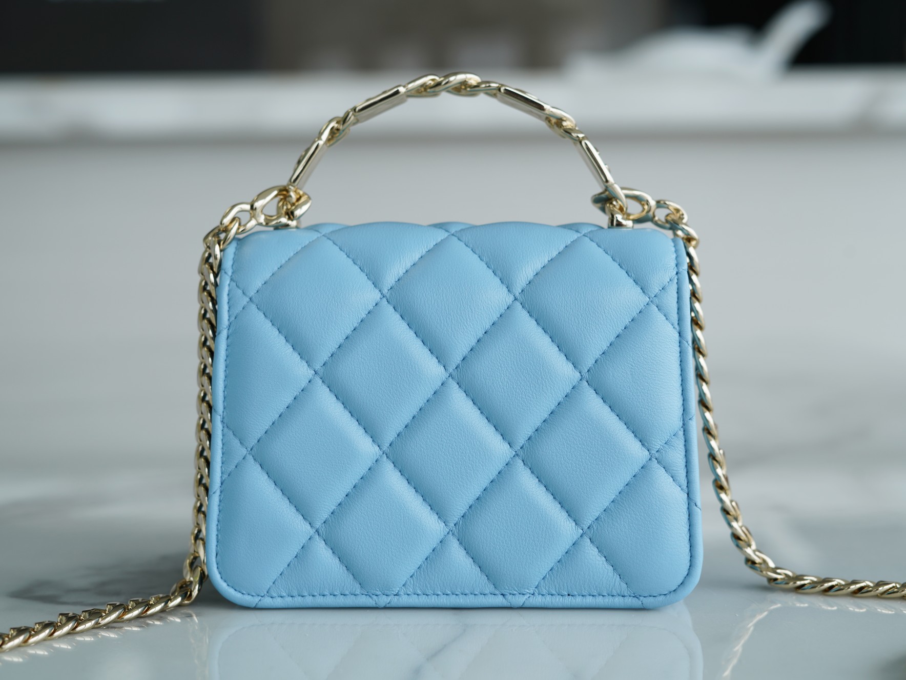 Chanel 22S Enamel Handle Chain Bag Blue Lambskin Classic Diamond Quilting + Iconic Double C Logo Design  