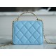 Chanel 22S Enamel Handle Chain Bag Blue Lambskin Classic Diamond Quilting + Iconic Double C Logo Design  