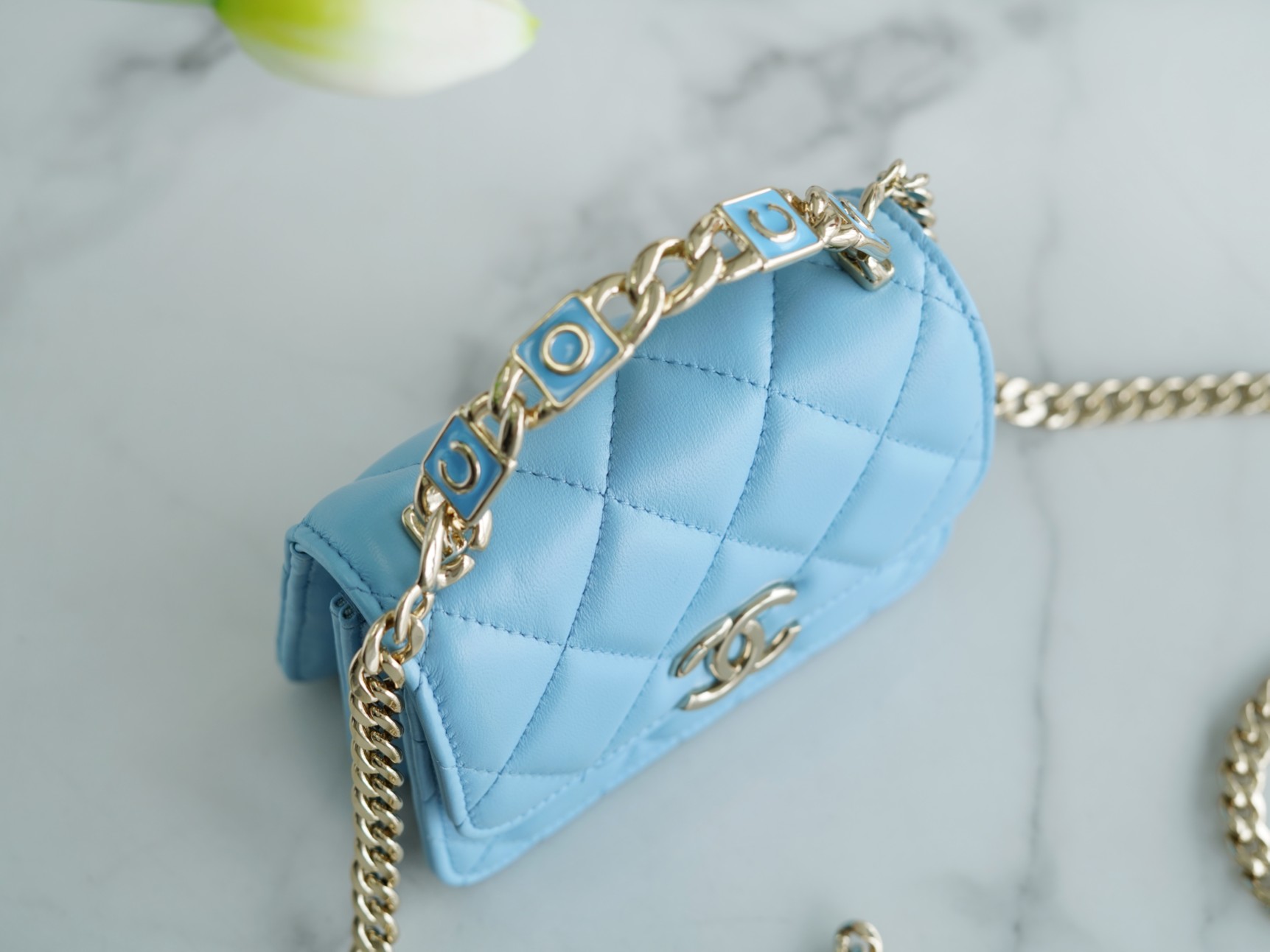 Chanel 22S Enamel Handle Chain Bag Blue Lambskin Classic Diamond Quilting + Iconic Double C Logo Design  