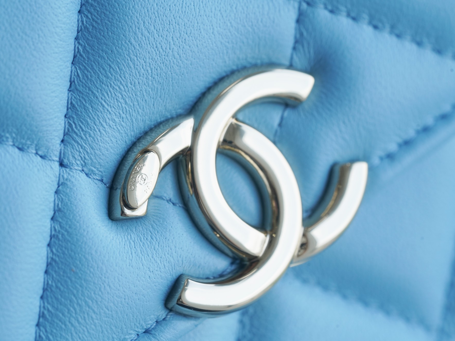 Chanel 22S Enamel Handle Chain Bag Blue Lambskin Classic Diamond Quilting + Iconic Double C Logo Design  