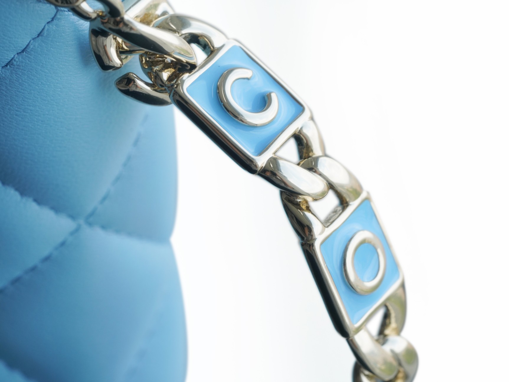 Chanel 22S Enamel Handle Chain Bag Blue Lambskin Classic Diamond Quilting + Iconic Double C Logo Design  