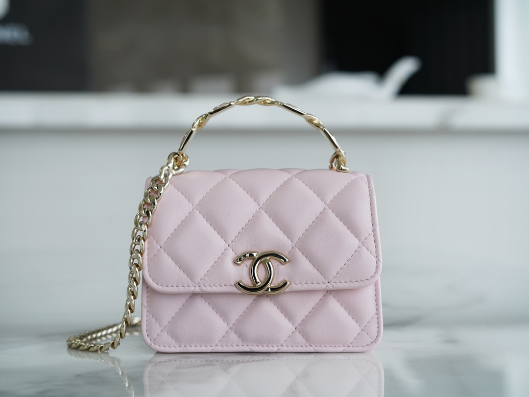 Chanel 22S Enamel Handle Chain Bag Pink Lambskin Classic Diamond Quilting + Iconic Double C Logo Design  