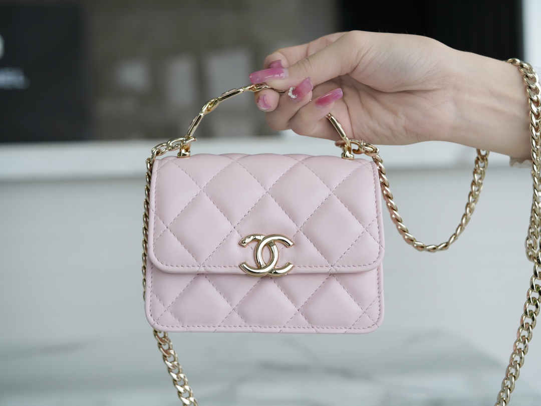 Chanel 22S Enamel Handle Chain Bag Pink Lambskin Classic Diamond Quilting + Iconic Double C Logo Design  