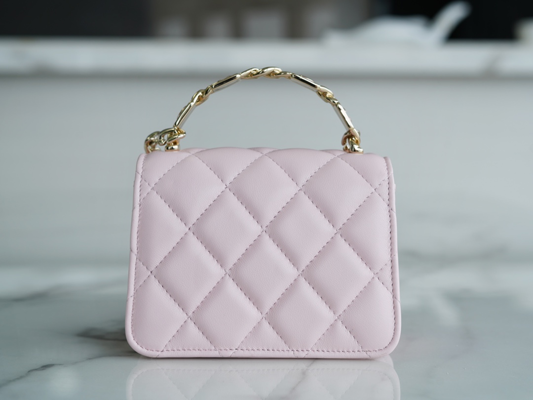 Chanel 22S Enamel Handle Chain Bag Pink Lambskin Classic Diamond Quilting + Iconic Double C Logo Design  