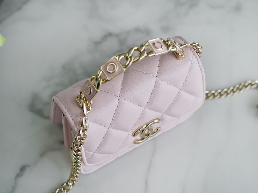 Chanel 22S Enamel Handle Chain Bag Pink Lambskin Classic Diamond Quilting + Iconic Double C Logo Design  