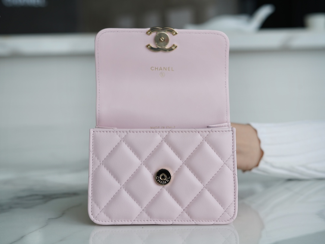 Chanel 22S Enamel Handle Chain Bag Pink Lambskin Classic Diamond Quilting + Iconic Double C Logo Design  