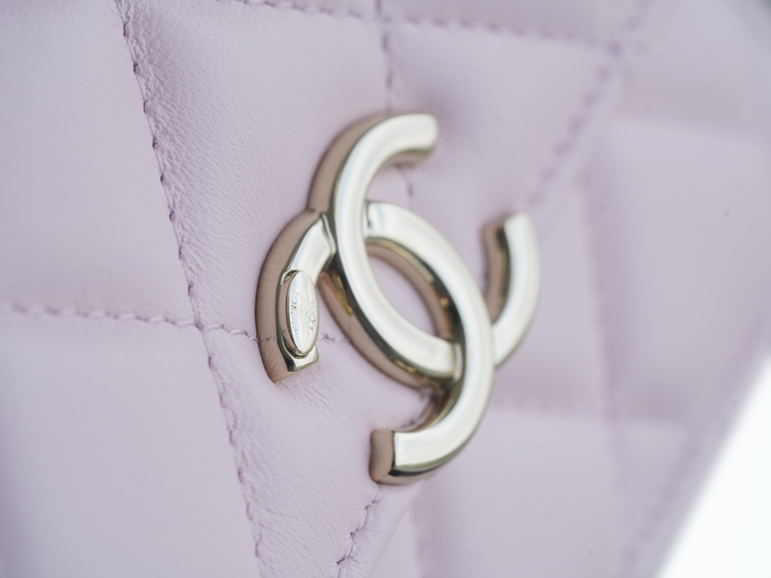 Chanel 22S Enamel Handle Chain Bag Pink Lambskin Classic Diamond Quilting + Iconic Double C Logo Design  