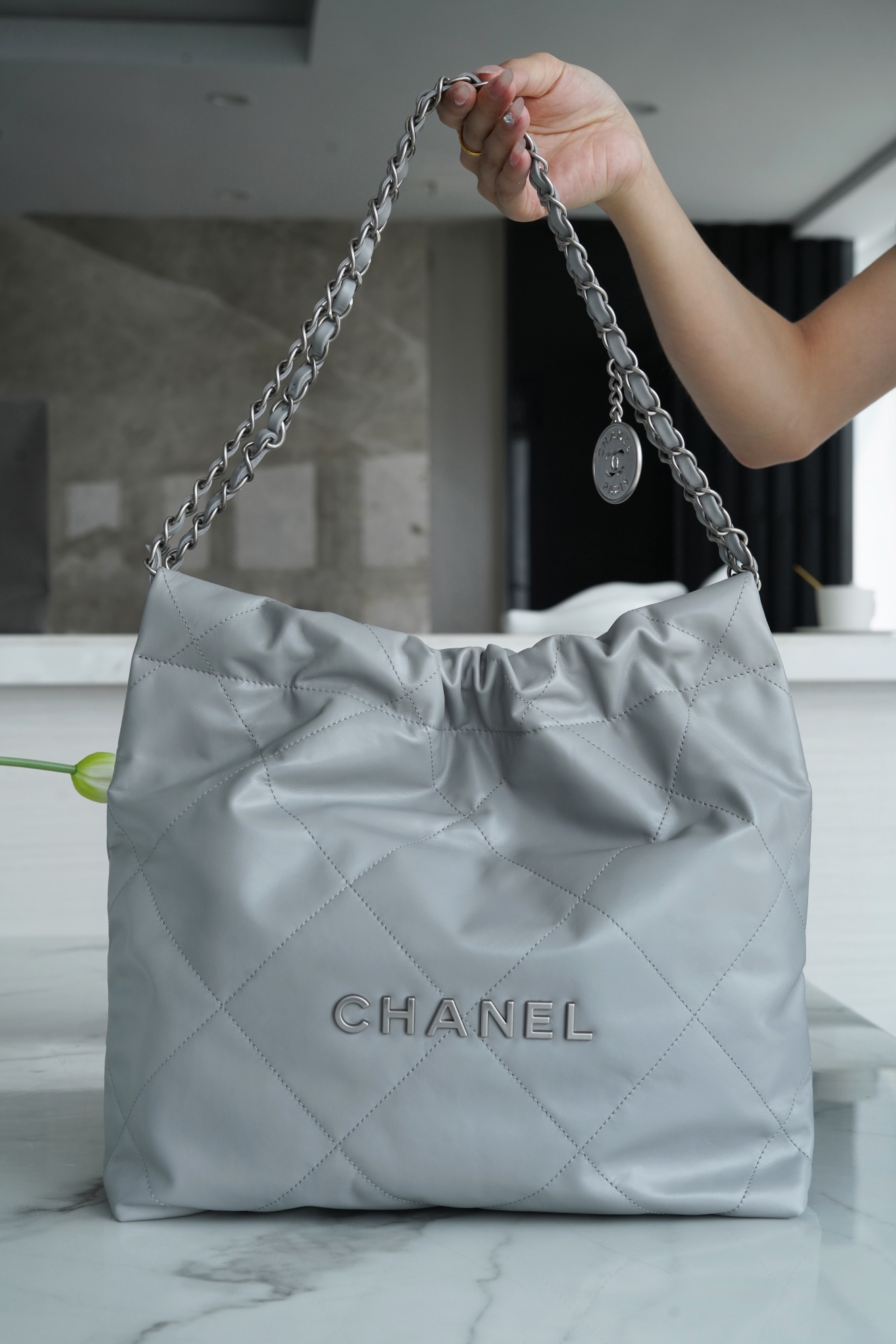 Chanel 22P Spring/Summer New 22 Bag Grey Silver Hardware Small  