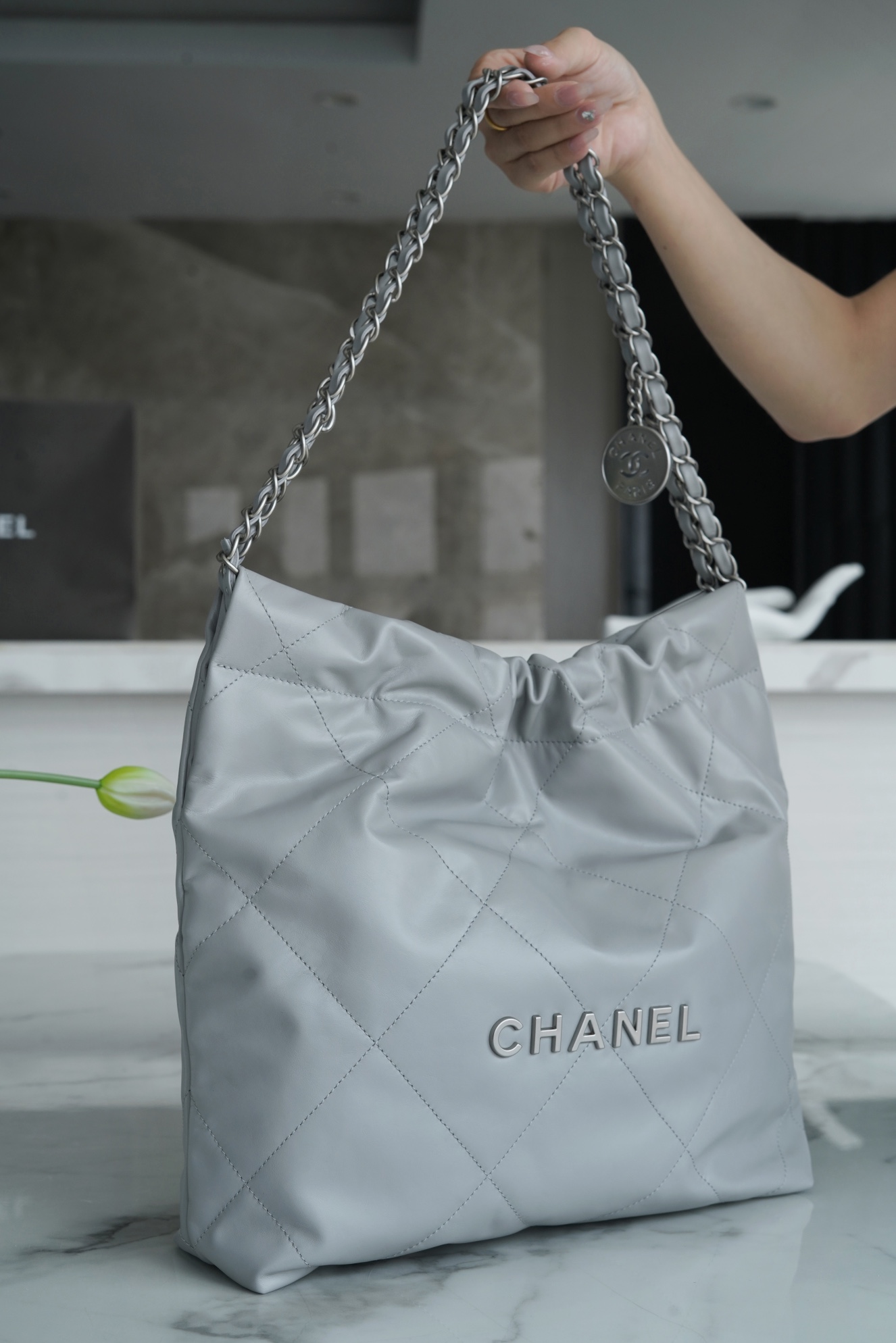 Chanel 22P Spring/Summer New 22 Bag Grey Silver Hardware Small  