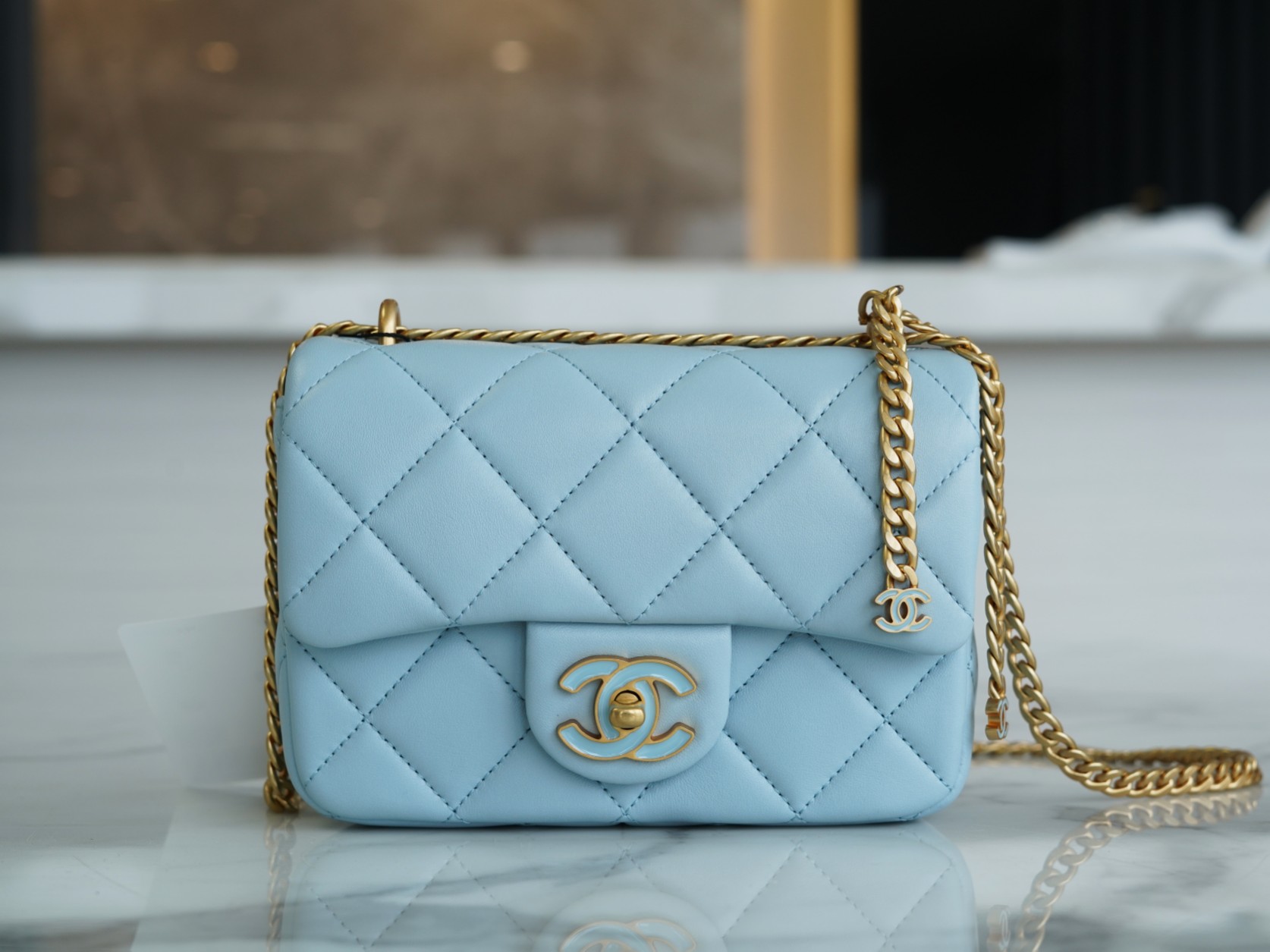 Chanel 22P Enamel Buckle Square Fatty Light Blue  