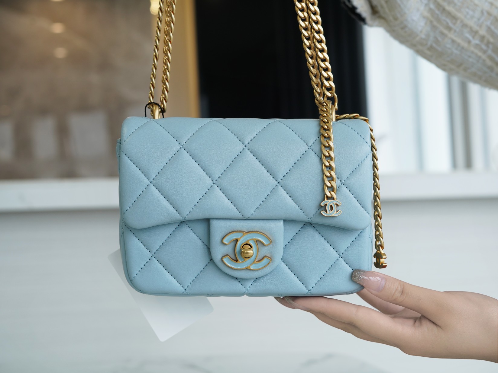 Chanel 22P Enamel Buckle Square Fatty Light Blue  